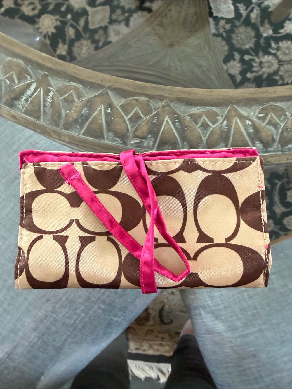 Coach Signature C Travel Jewelry Roll Khaki Brown Pink Satin Y2K Organizer